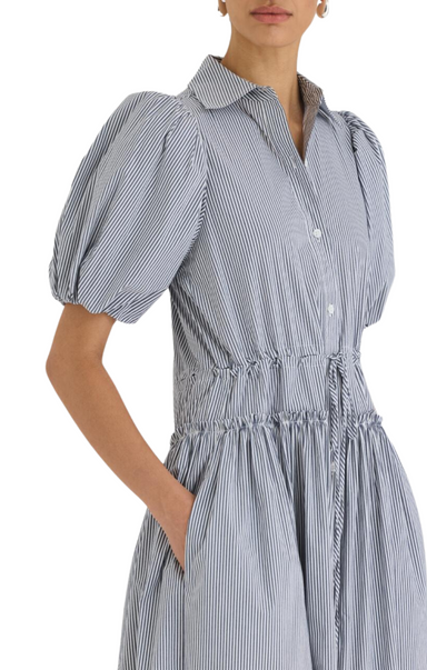 poplin puff sleeve shirt dress in a crisp blue stripe pattern Rebecca Taylor midi length