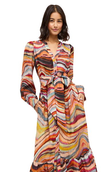 Marie Oliver long sleeve printed tie waist hannon dress 