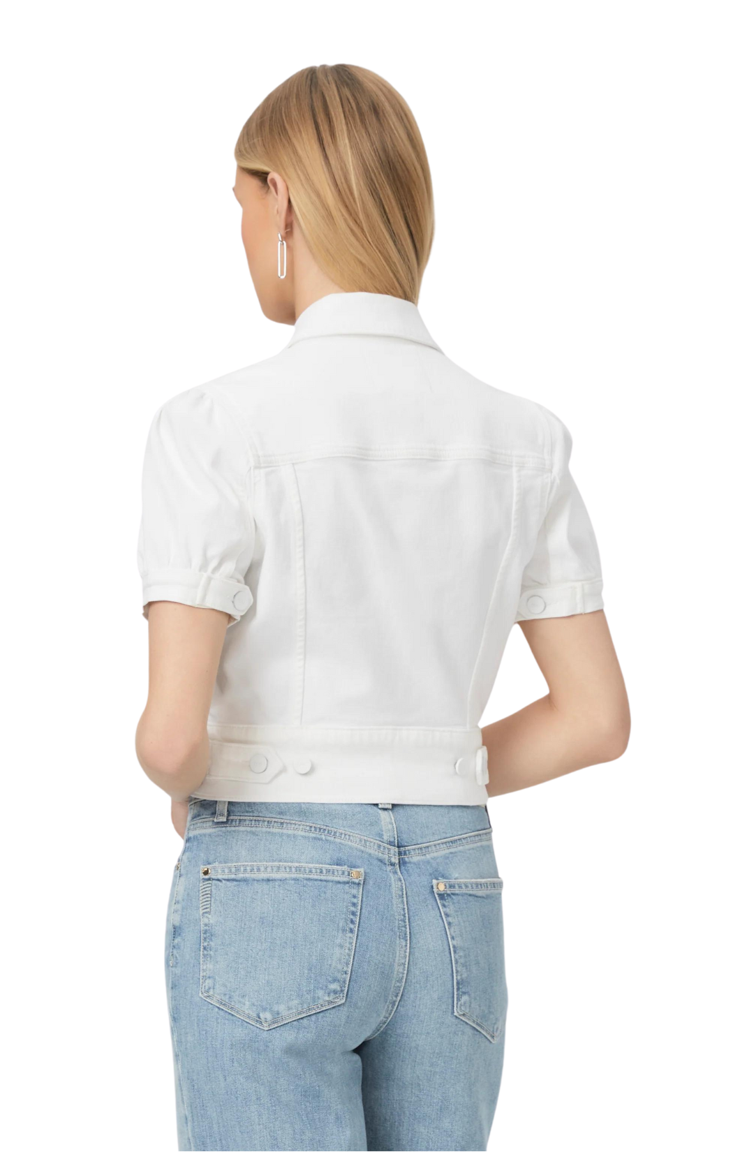 Introducing the Kendra Jacket by PAIGE. Crafted from white denim, it features a point collar, short puff sleeves, and chest pockets. Its cropped fit is both stylish and versatile. Made with cotton and elastane, this jacket is the perfect addition to any wardrobe.
