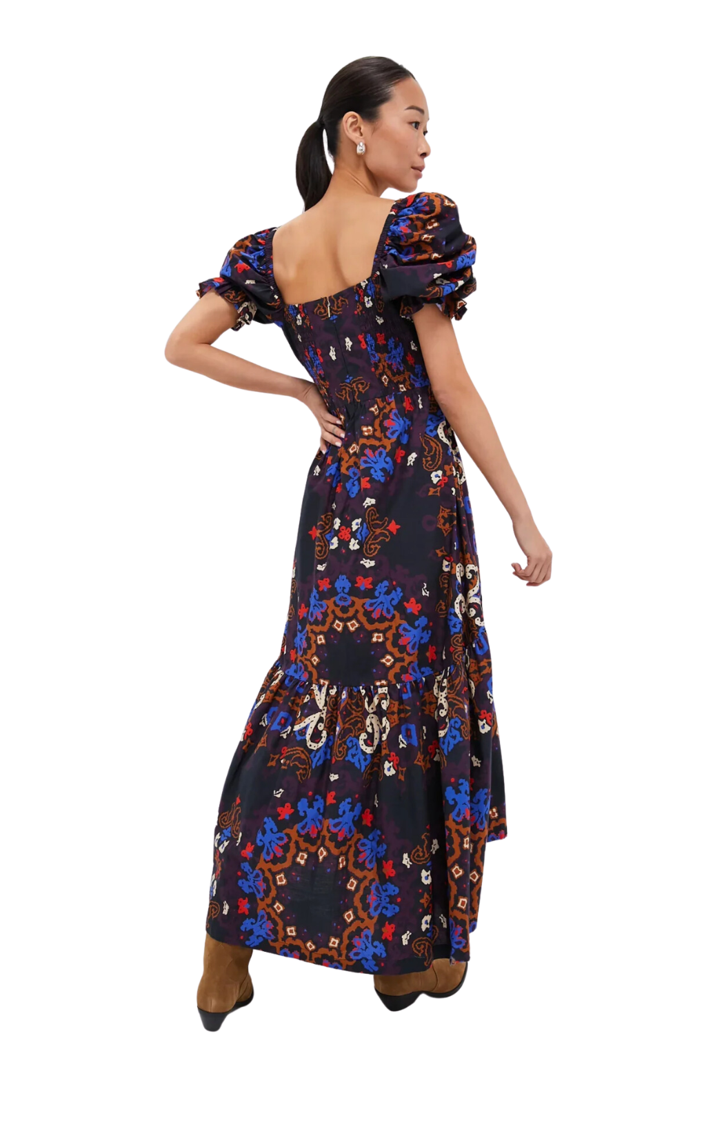 venezia print jewel ankle dress puff sleeve v-neck cleobella pockets