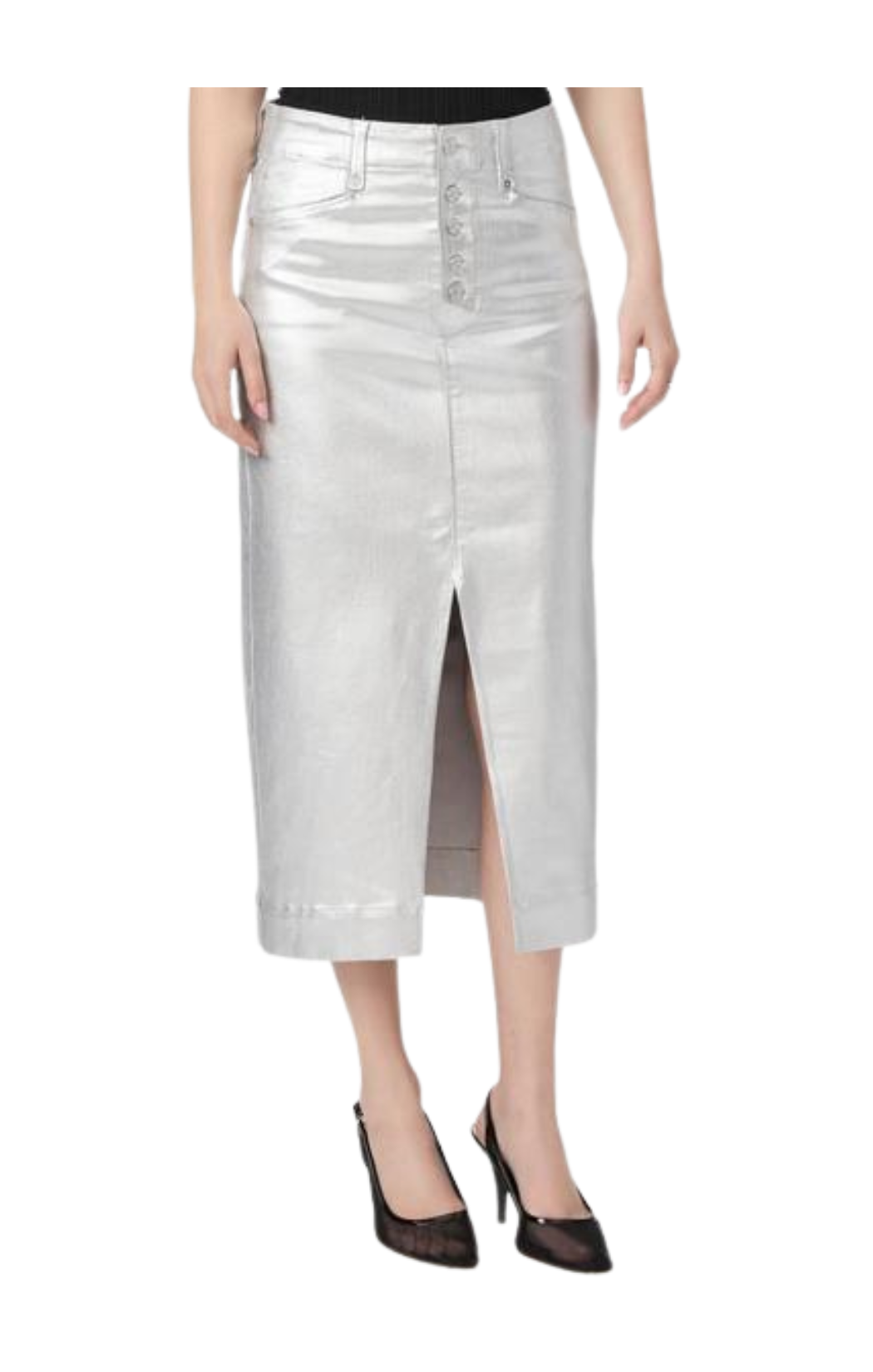 Paige meadow ultra-luxe platinum silver midi skirt. Cut from coated TRANSCEND denim, this high-waisted silhouette is designed with an exposed buttonfly, angled front pockets, and a wide hem