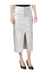 Paige meadow ultra-luxe platinum silver midi skirt. Cut from coated TRANSCEND denim, this high-waisted silhouette is designed with an exposed buttonfly, angled front pockets, and a wide hem