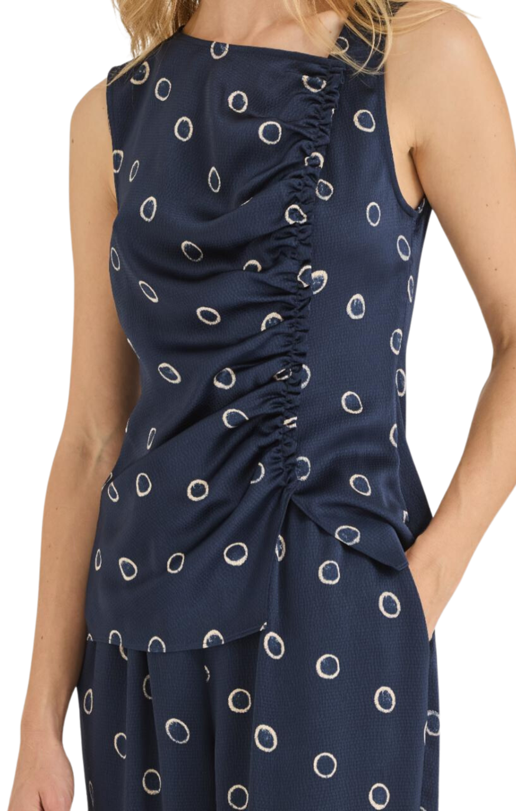 rebecca taylor hazy dot blouse flattering navy sleeveless ruching 