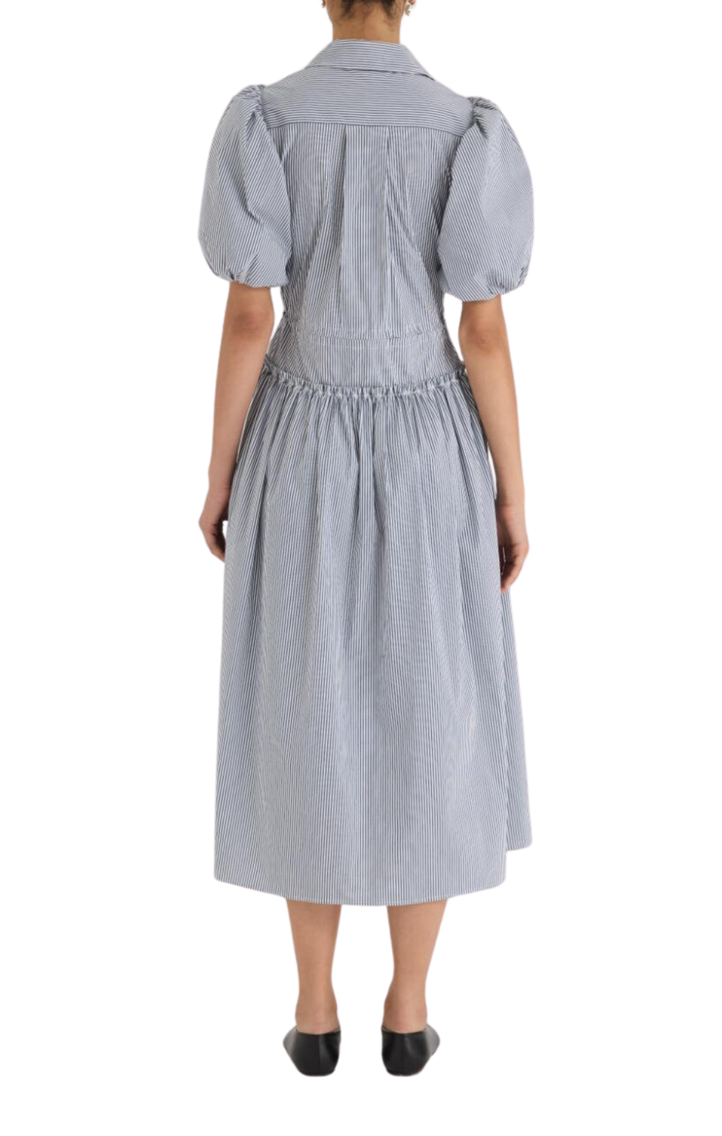 poplin puff sleeve shirt dress in a crisp blue stripe pattern Rebecca Taylor midi length