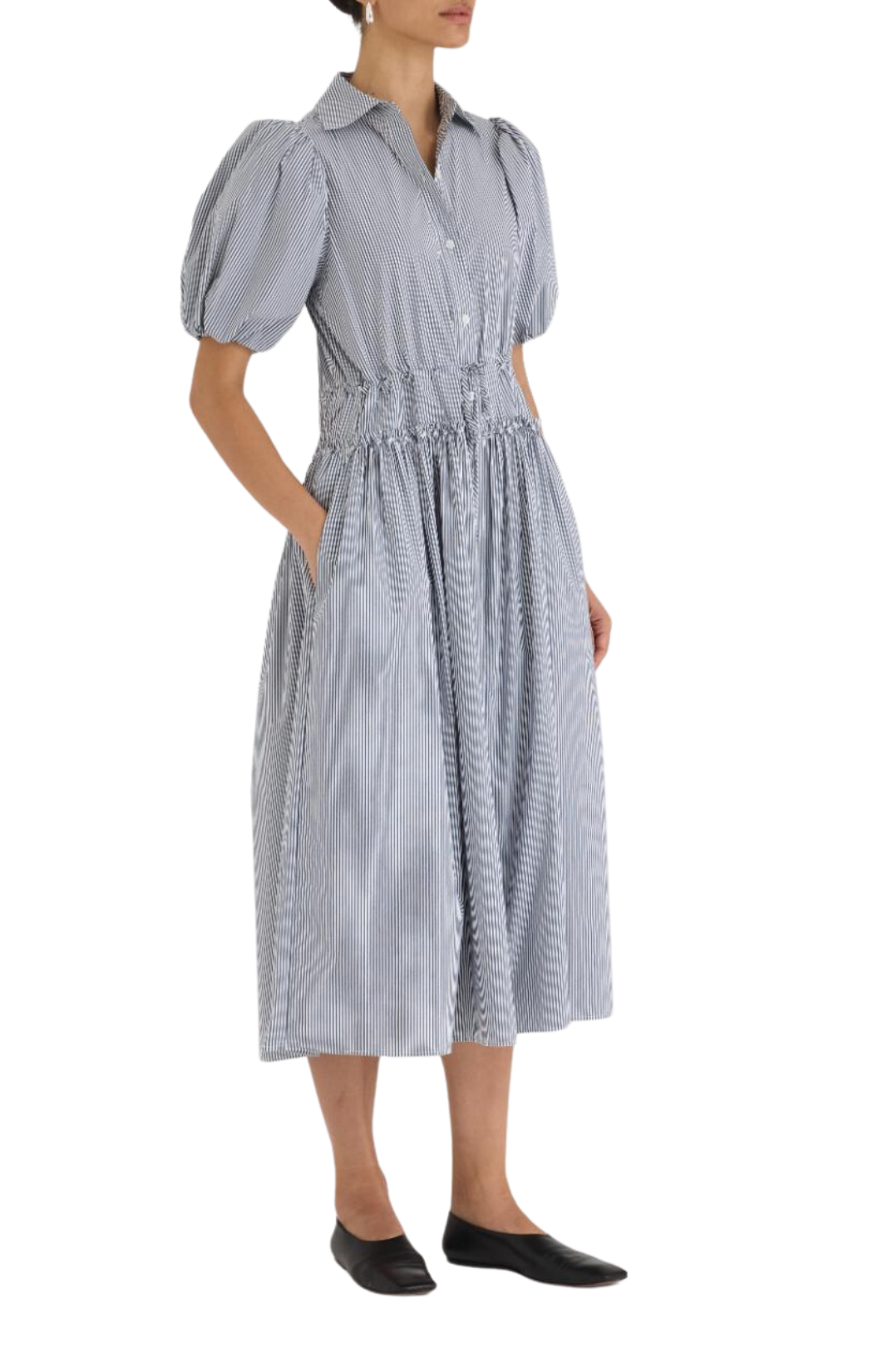 poplin puff sleeve shirt dress in a crisp blue stripe pattern Rebecca Taylor midi length