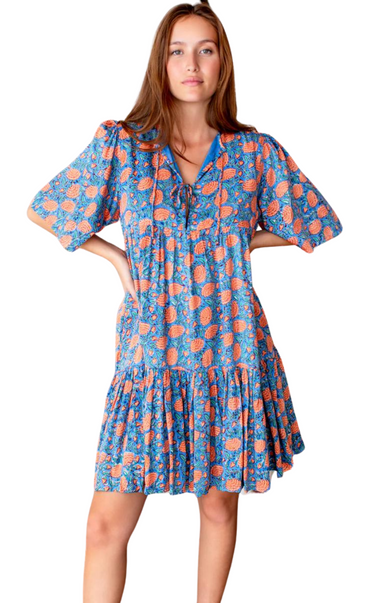 Emerson Fry printed mini Isla dress flutter sleeve blue orange 