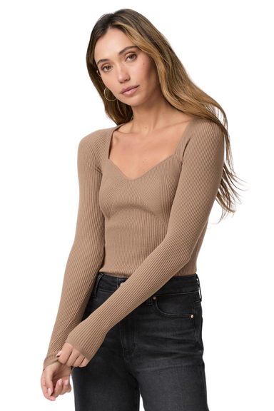 light brown ribbed knit material with a flattering contour stitch detail throughout and a sweetheart neckline long sleeve paige parvati top