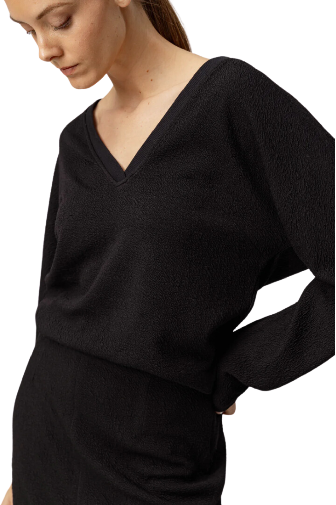 dawn pullover sundays black crinkle terry v-neck vneck sweatshirt top pullover long sleeve