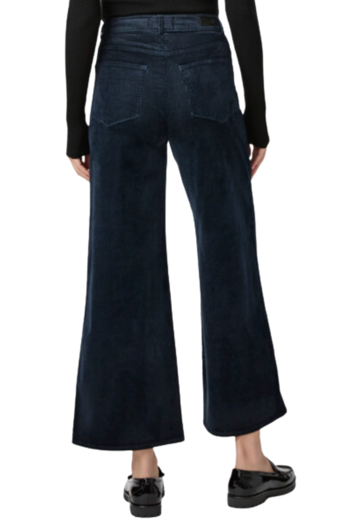 high-rise and a cropped ankle length silhouette. This on-trend style is cut from ultra-soft velvet corduroy in navy blue paige harper ankle