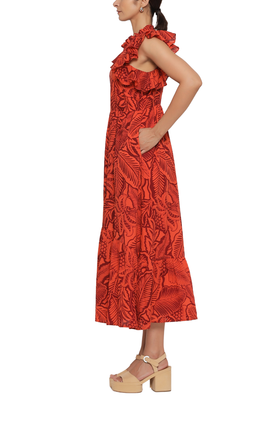 banjanan hannah tropical print leaf print red orange midi ruffle sleeve dress