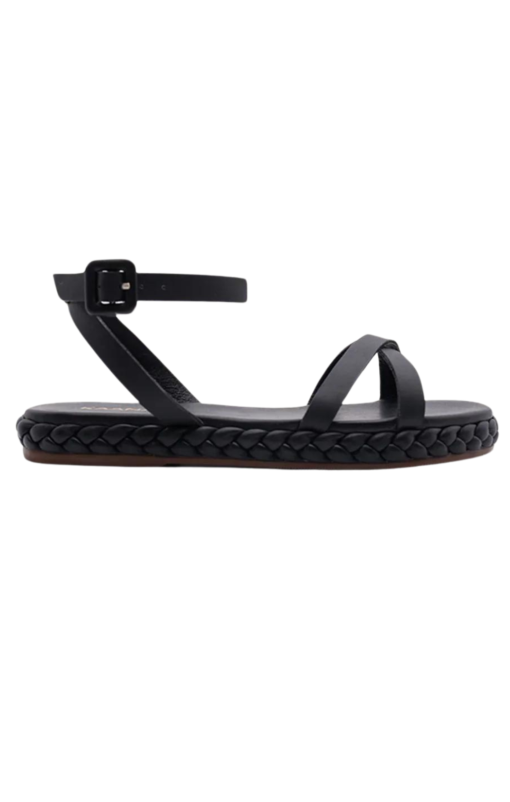 The Iyari Crisscross Sandal by Kaanas features braided leather straps that wrap the midsole and a slim ankle strap with buckle closure. Black sandal.