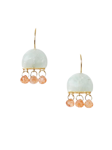 elsie earring Drop earring with a half moon aquamarine stone and sunstone fringe. By Chan Luu.