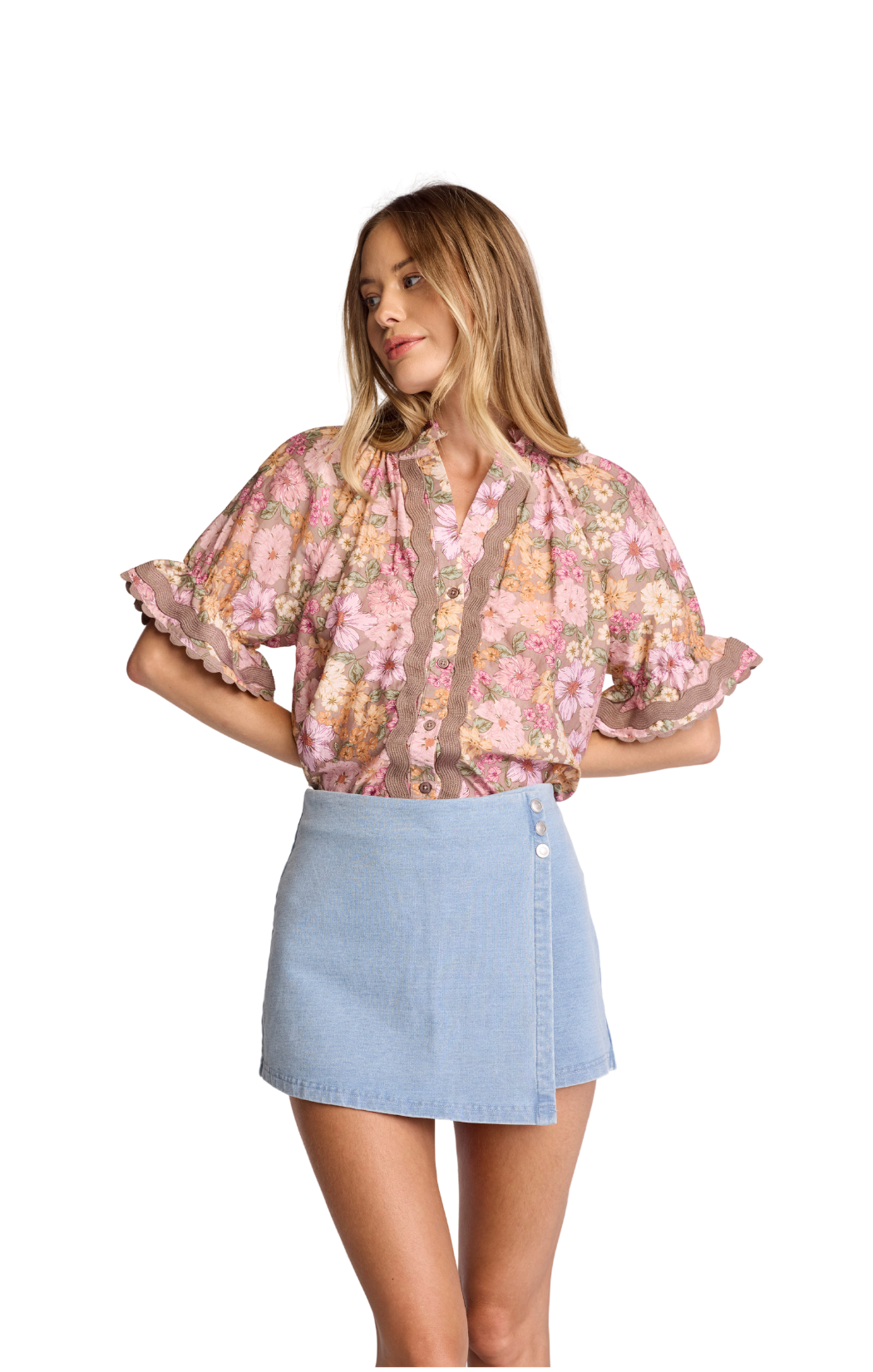 sundays aelin shirt blouse floral ric-rak trim detail, ruffle collar, and flounced sleeve, this is the perfect ultra-feminine shirt