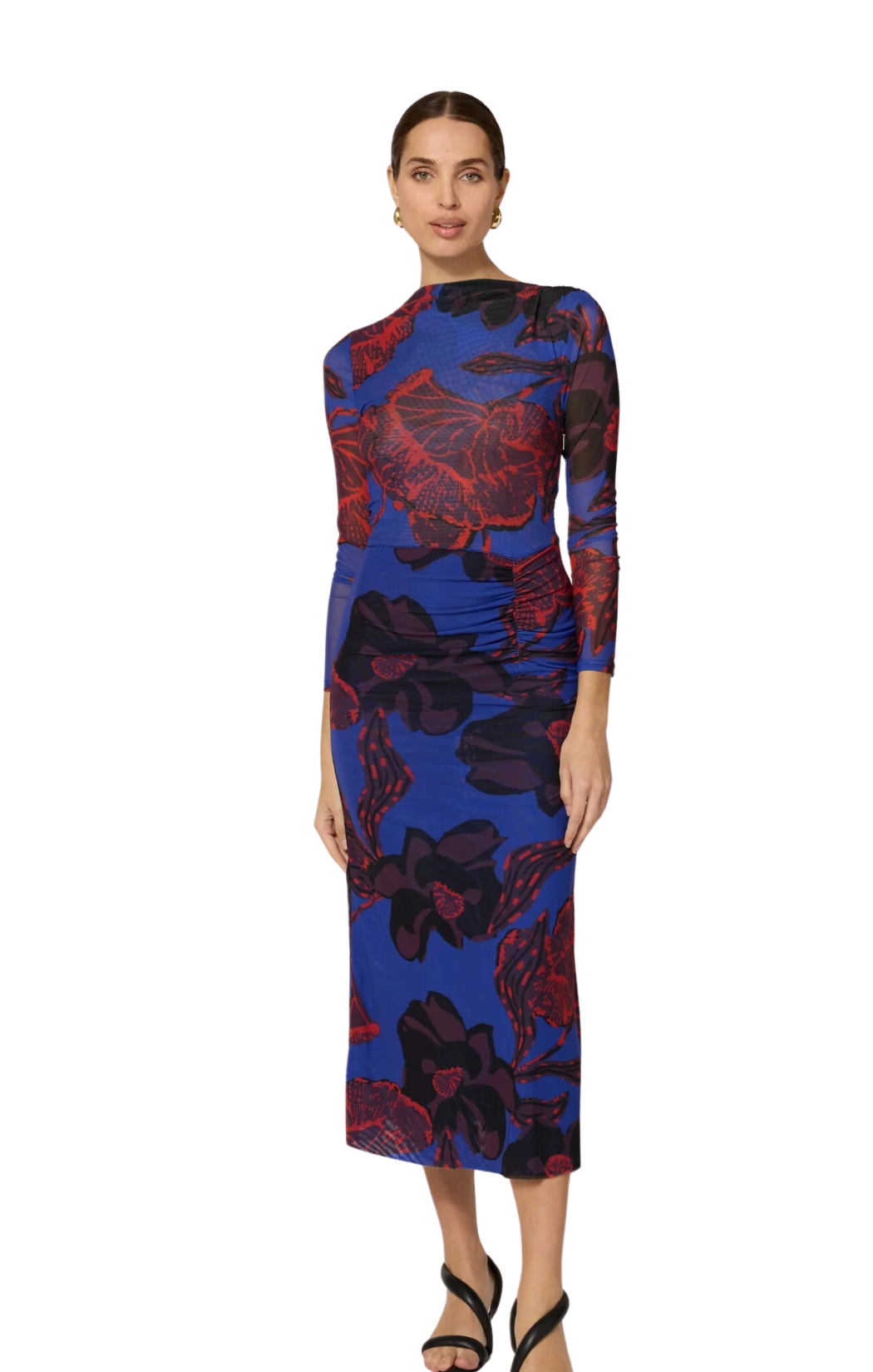 high neck shirring detail katya dress blue red printed fitted long sleeve cleobella