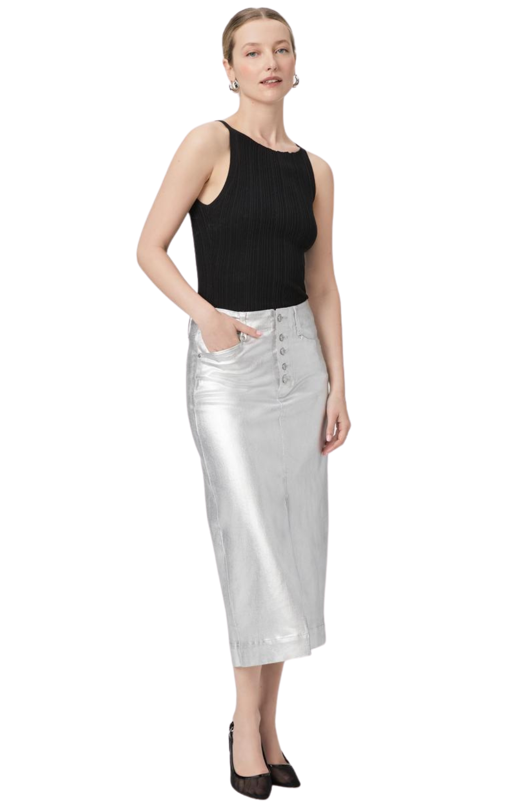 Paige meadow ultra-luxe platinum silver midi skirt. Cut from coated TRANSCEND denim, this high-waisted silhouette is designed with an exposed buttonfly, angled front pockets, and a wide hem