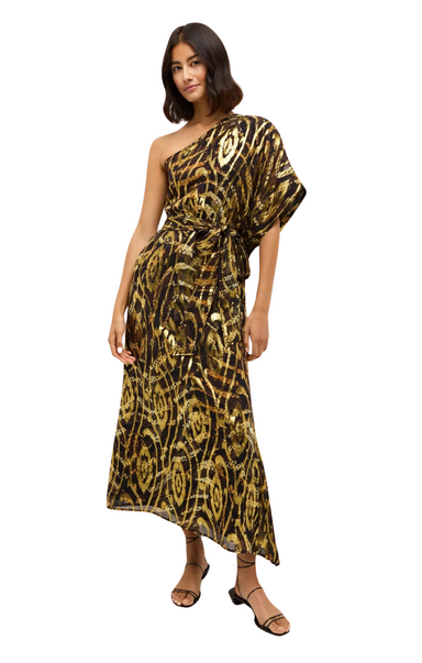 marie oliver farrow dress gold black one shoulder caftan metallic