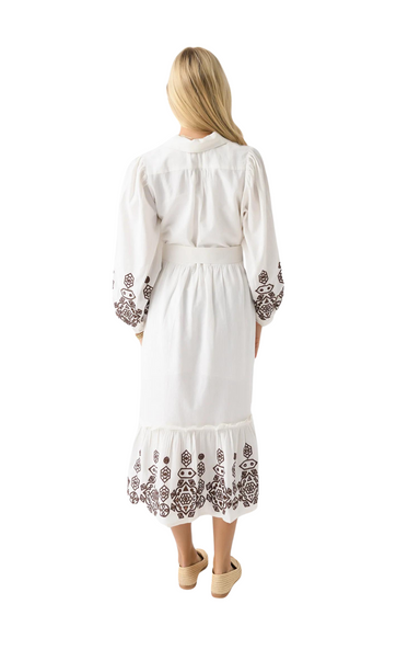 Cleobella Gracie Midi Dress exudes elegance with its full button down front, embroidered brown eyelet trim and self tie belt. Made from soft cotton, this ivory and brown dress is perfect for any occasion.