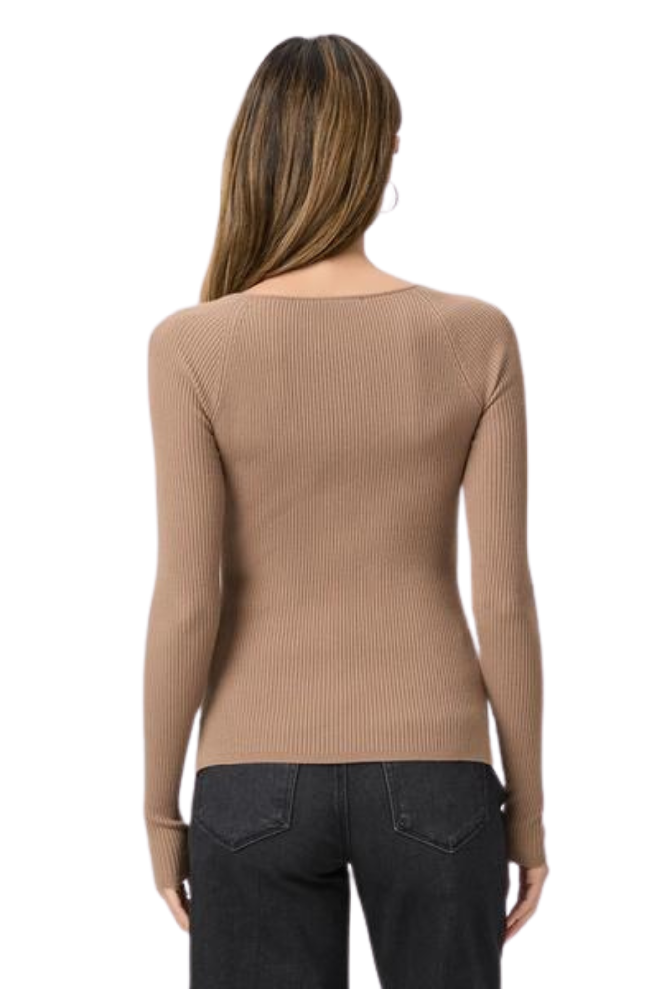 light brown ribbed knit material with a flattering contour stitch detail throughout and a sweetheart neckline long sleeve paige parvati top