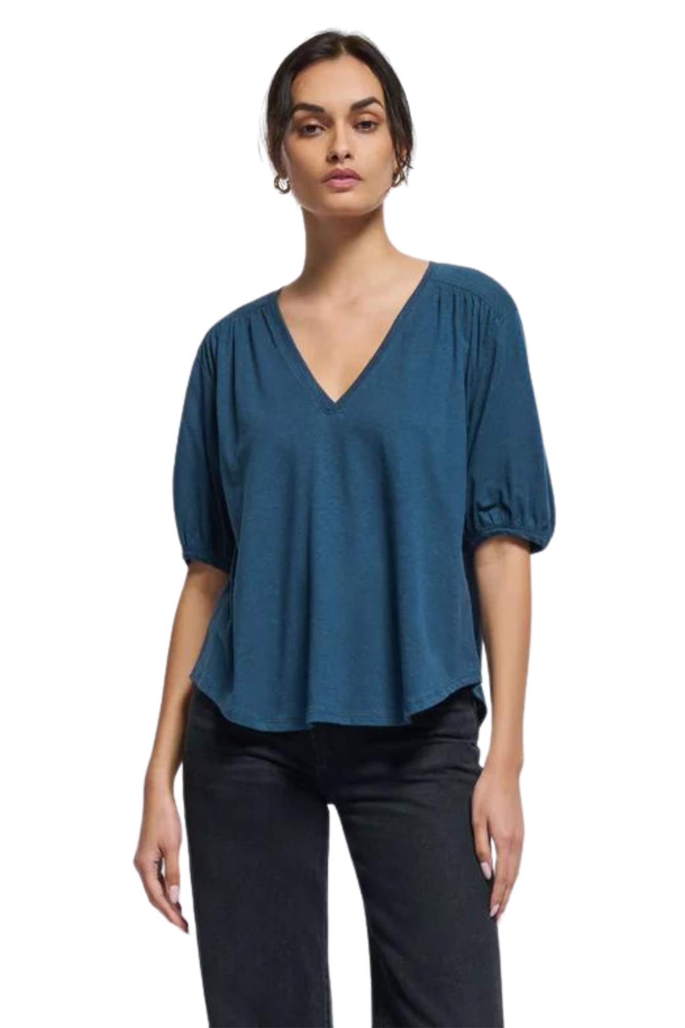 Edie shirred v-neck top blouse t-shirt blue elbow length