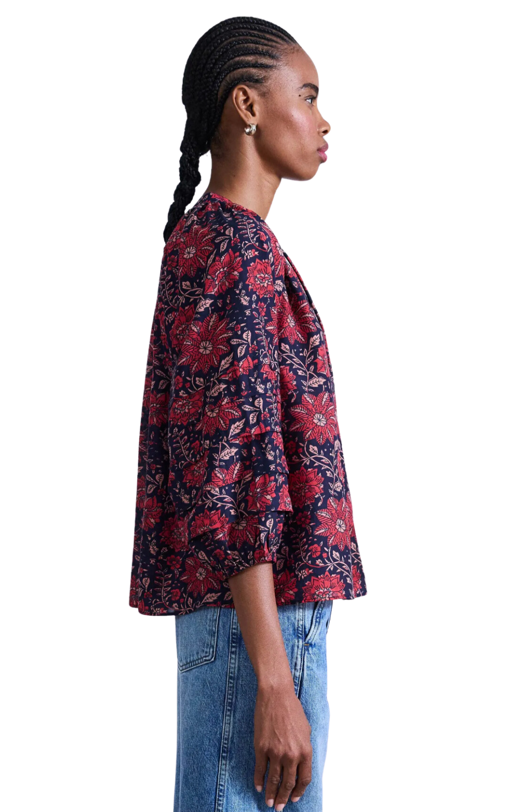 apiece apart floral cotton silk blouse top v-neck tule top purple red blue