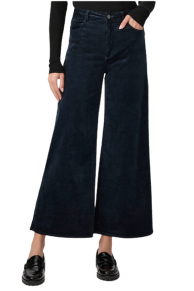 high-rise and a cropped ankle length silhouette. This on-trend style is cut from ultra-soft velvet corduroy in navy blue paige harper ankle