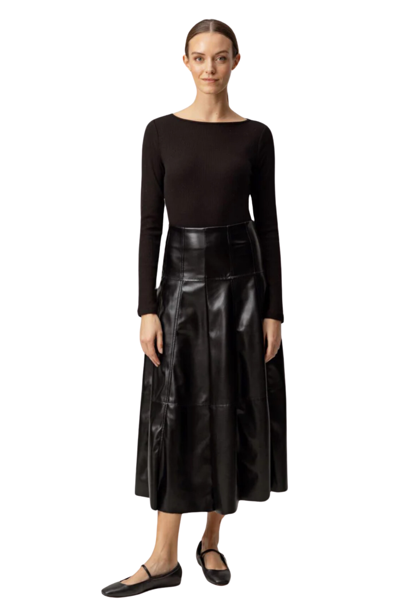 black vegan leather sundays fit and flare skirt midi