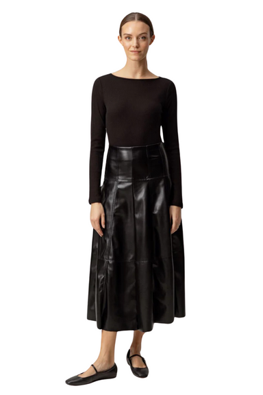 black vegan leather sundays fit and flare skirt midi