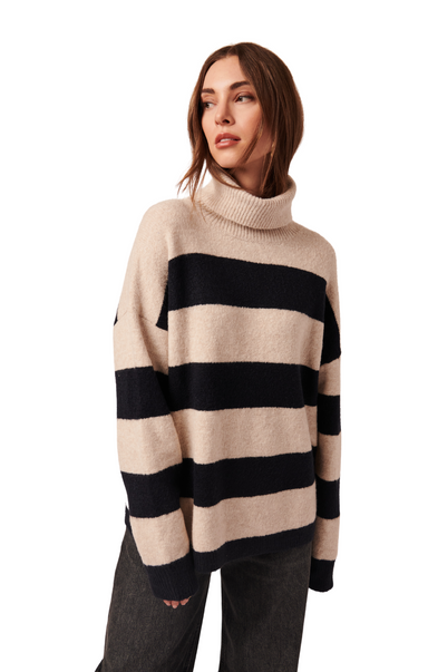 tan and black striped turtleneck oversized sweater line the label bronx