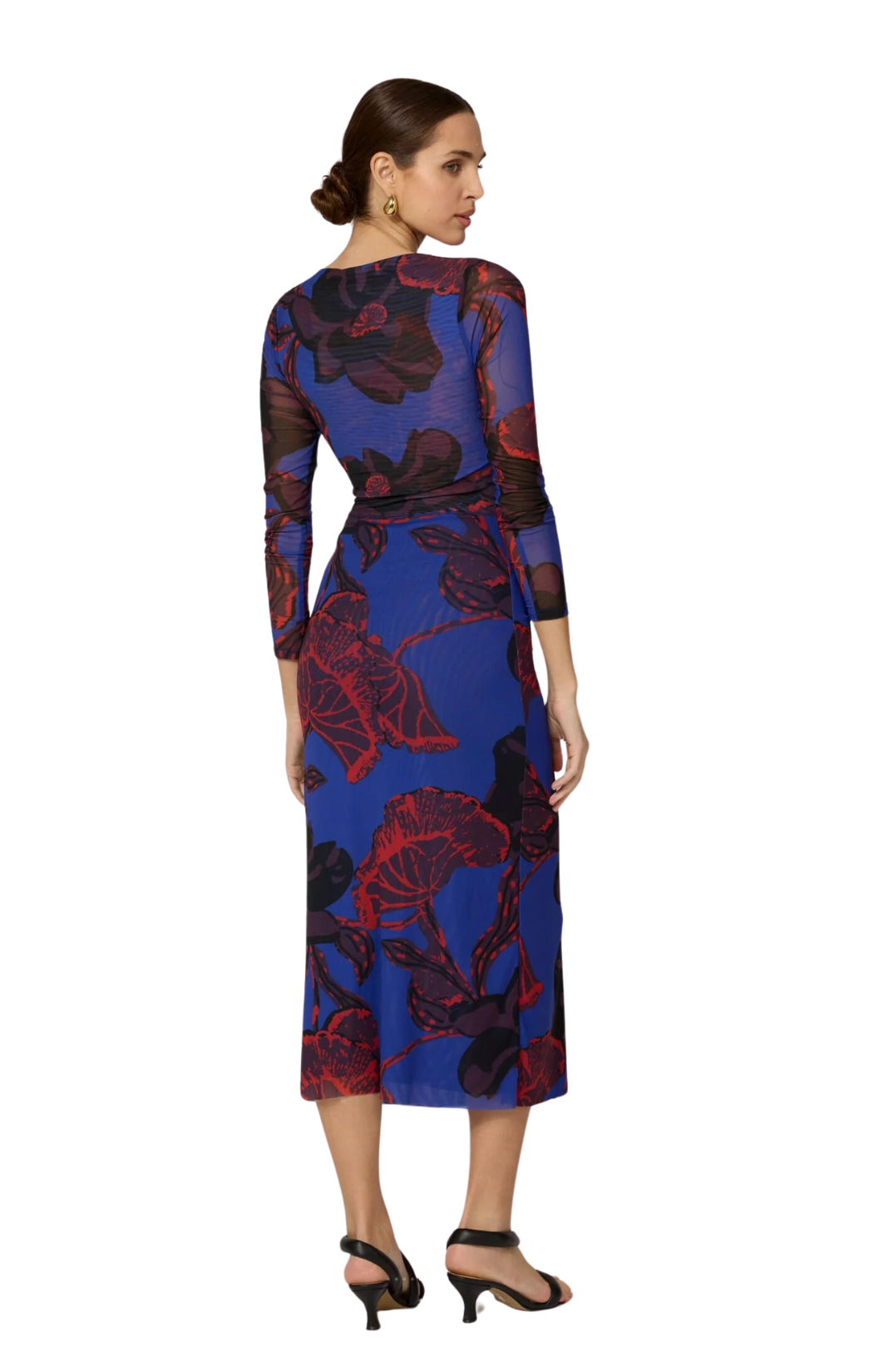 high neck shirring detail katya dress blue red printed fitted long sleeve cleobella