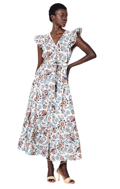 The Noricel Ankle Dress by Cleobella features elegant ruffle sleeves, a buttons down the front, and a fun skirt flounce with a ruffle detail. Printed cotton maxi dress ruffle sleeve.