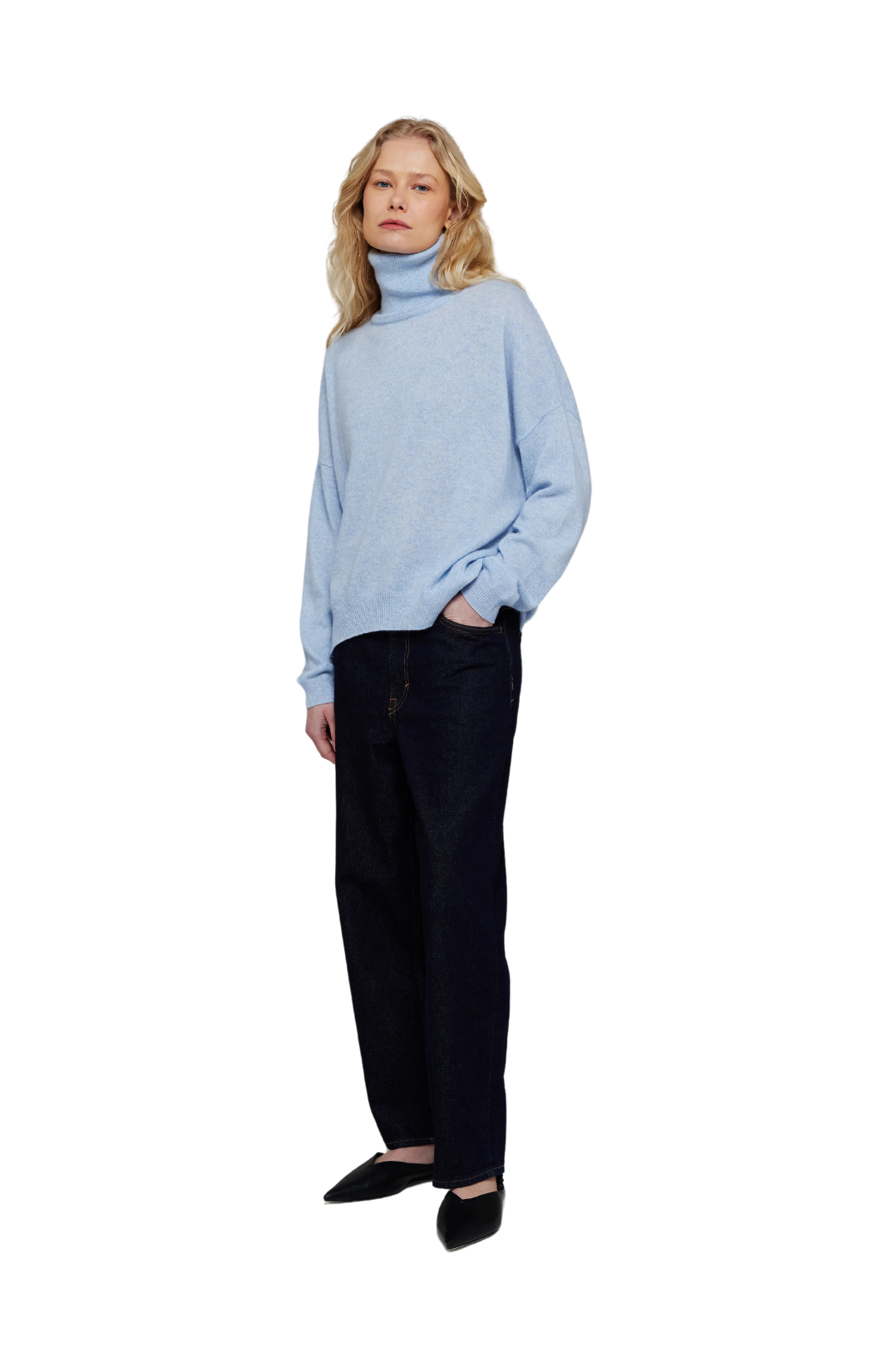 susie roll neck sweater brodie cashmere light blue black turtleneck