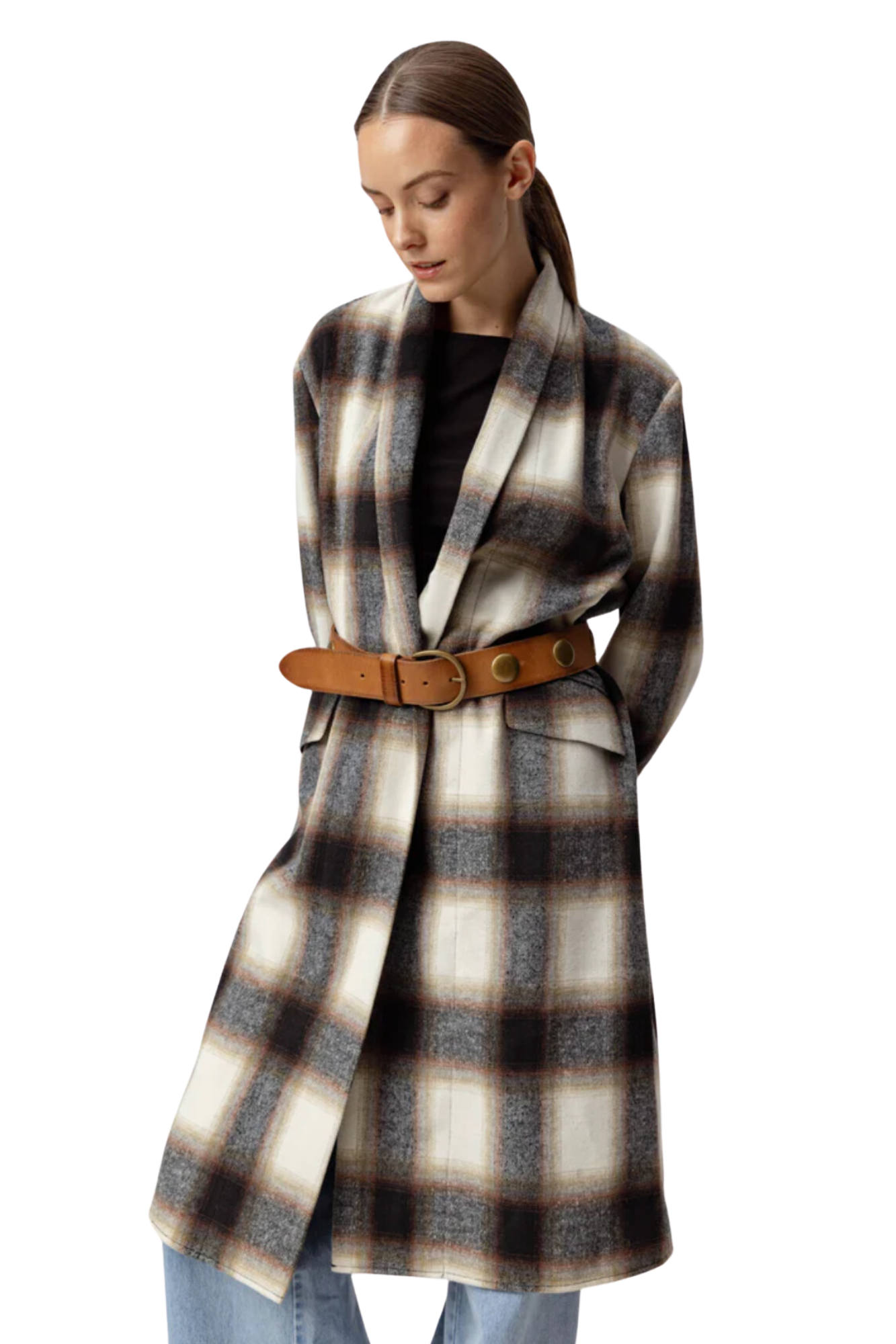 ash brown plaid alaska coat fall winter sundays cozy open front rolled collar pockets