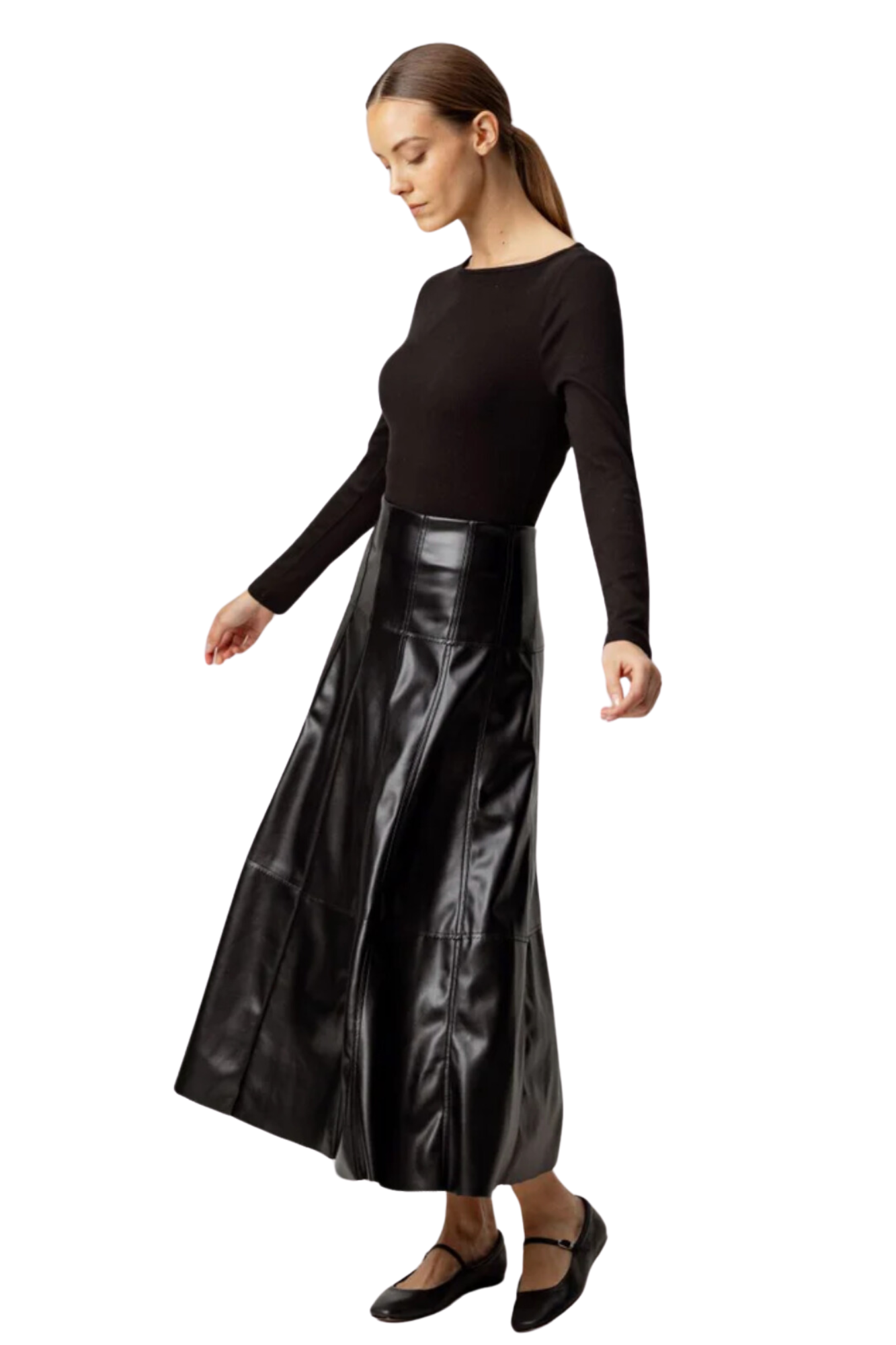 black vegan leather sundays fit and flare skirt midi