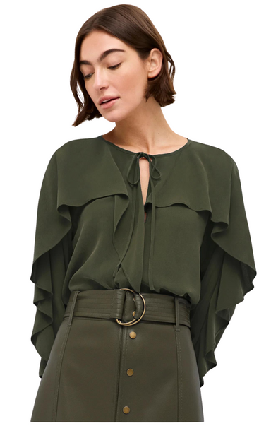 green olive marie oliver nora blouse long sleeve ruffle tie neck