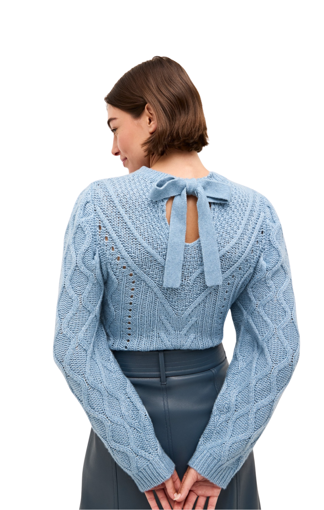 felicia carolina blue sweater light blue marie oliver tie back knit long sleeve