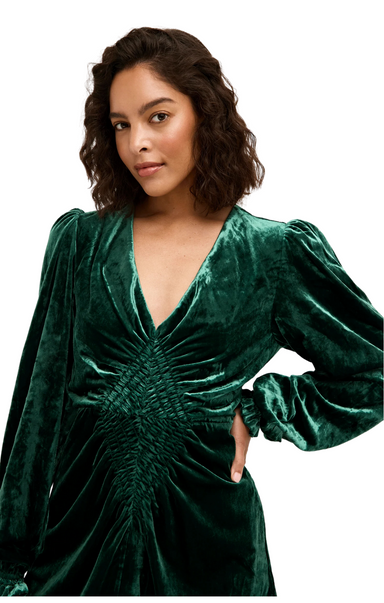 emerald green velvet mini dress eliza marie oliver holiday long sleeve cinched diamond front 