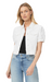 Introducing the Kendra Jacket by PAIGE. Crafted from white denim, it features a point collar, short puff sleeves, and chest pockets. Its cropped fit is both stylish and versatile. Made with cotton and elastane, this jacket is the perfect addition to any wardrobe.