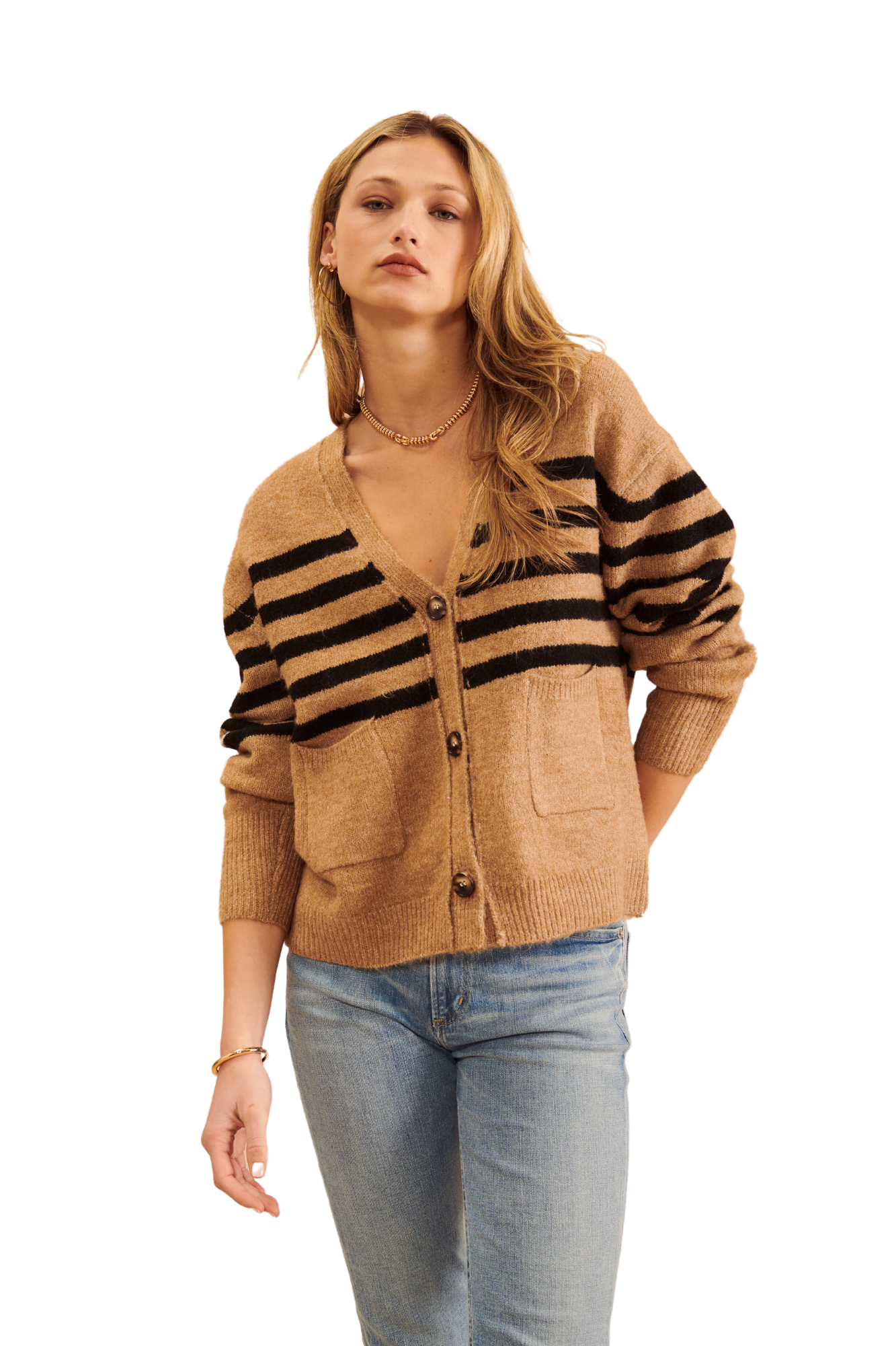 tan and black camel striped cardigan john and jenn v-neck long sleeve pocket front