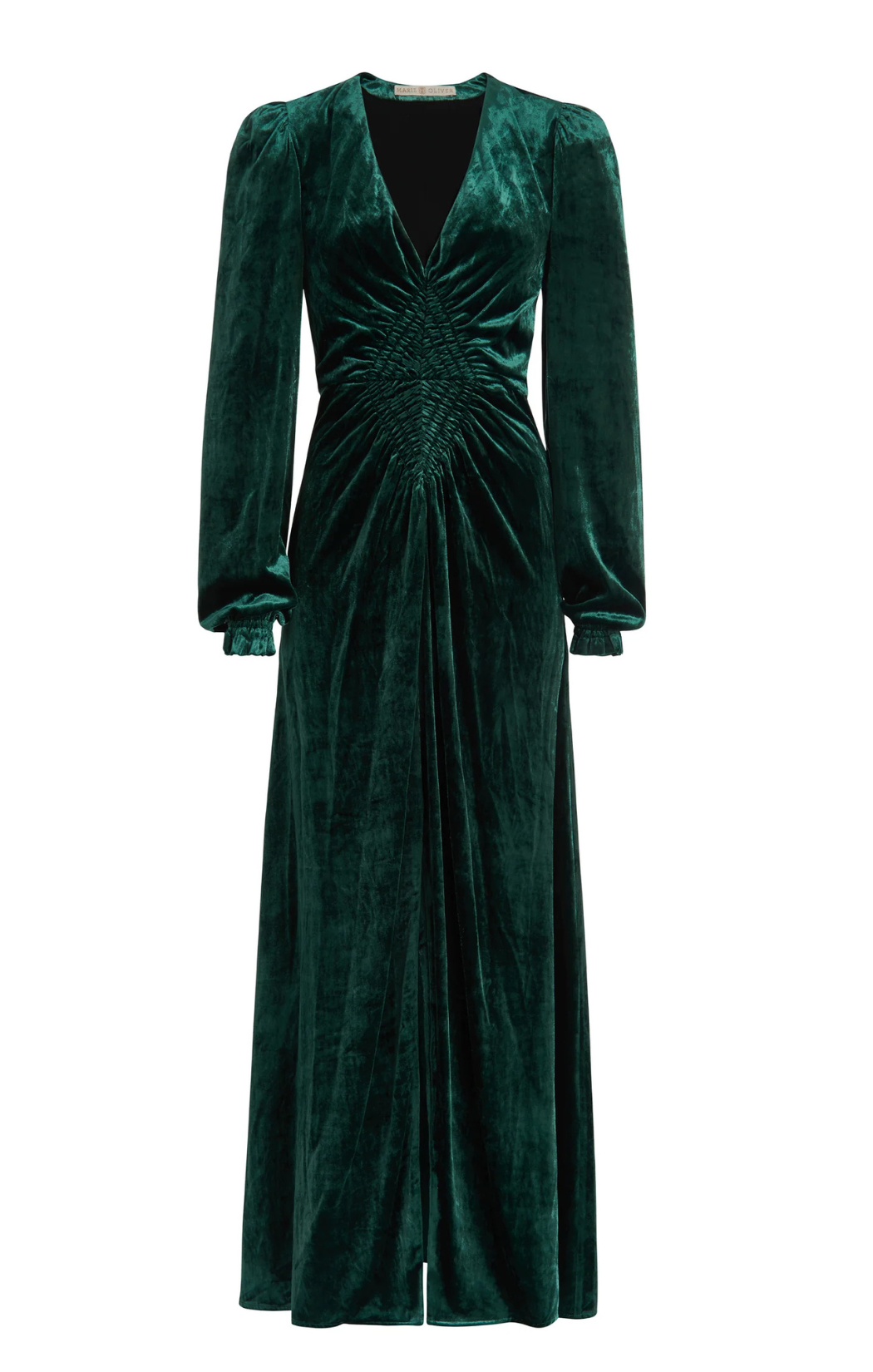 marie oliver maxi dress long sleeve green velvet holiday black tie v-neck emerald elisabeth