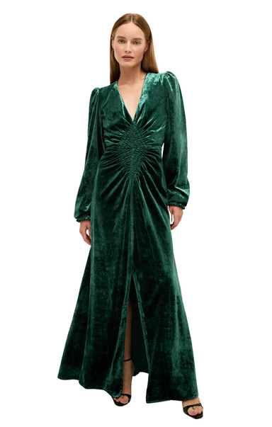 marie oliver maxi dress long sleeve green velvet holiday black tie v-neck emerald elisabeth