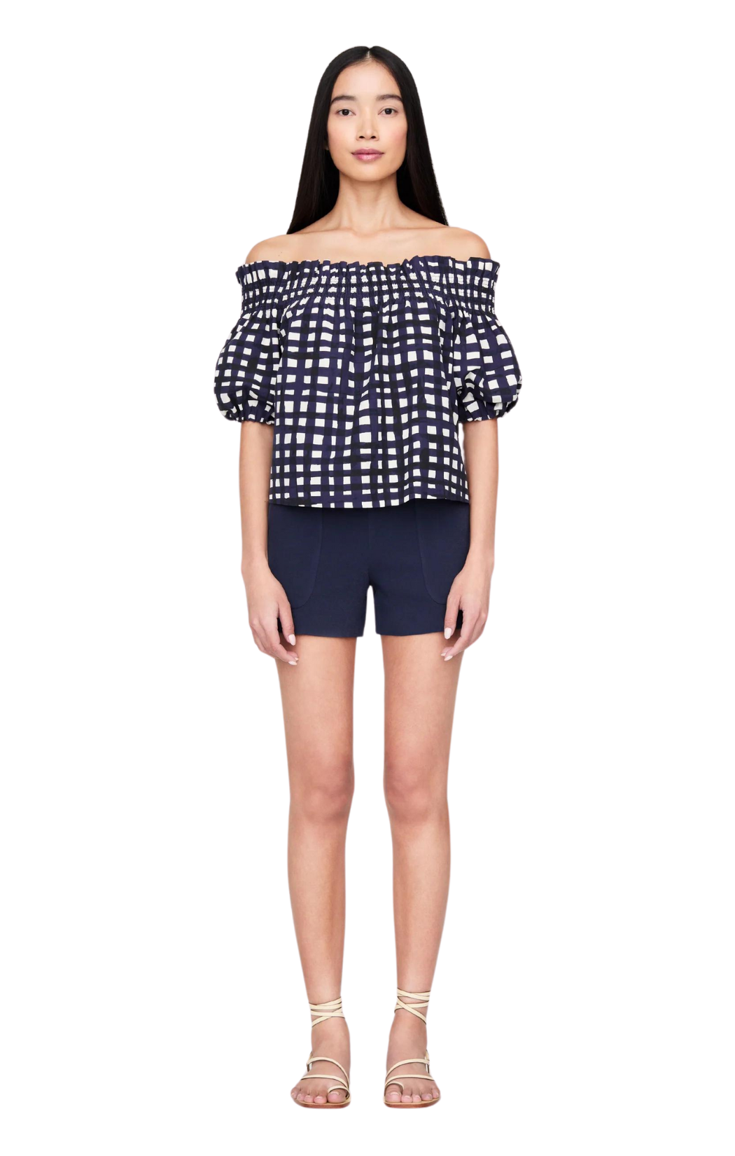 Marie Oliver Printed Off The shoulder top blouse marine blue and white Elodie Top