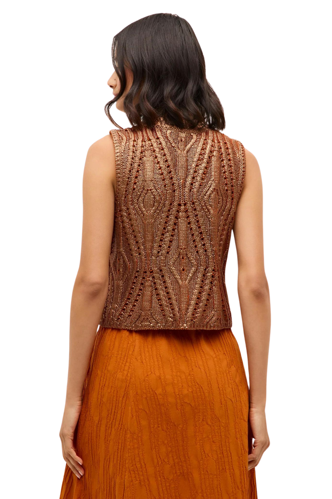 This foiled knit shell is one of our favorite new pieces for fall. With a forgiving fit that bells out at the bottom, the McGuire top is pictured here in Copper. By Marie Oliver. sleeveless top