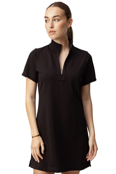 Sundays evalina black mini shift short sleeve dress 1/4 zip 