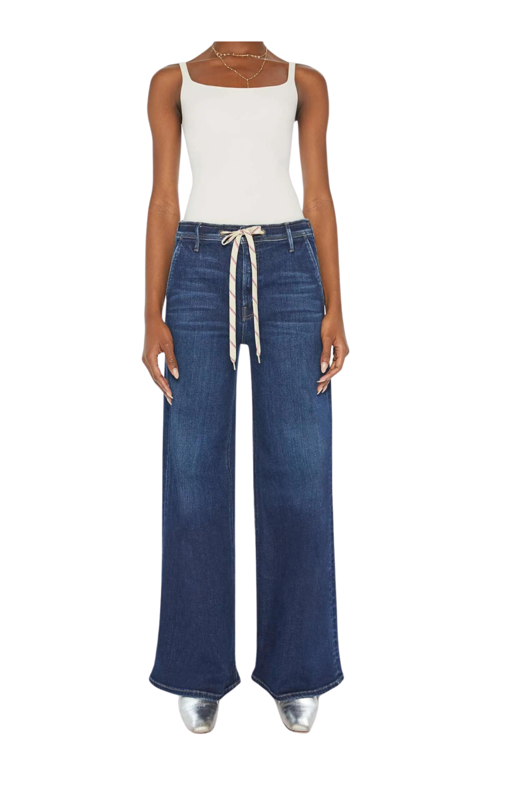 Mother Drawn undercover prep sneak jeans denim high-rise wide leg with a drawstring waist, side-slit pockets and a long 32-inch inseam with a clean hem