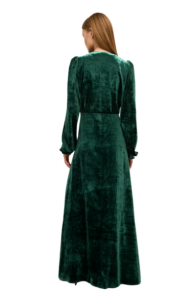 marie oliver maxi dress long sleeve green velvet holiday black tie v-neck emerald elisabeth