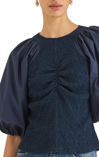 navy taryn puff sleeve knit cotton mixed media rebecca taylor