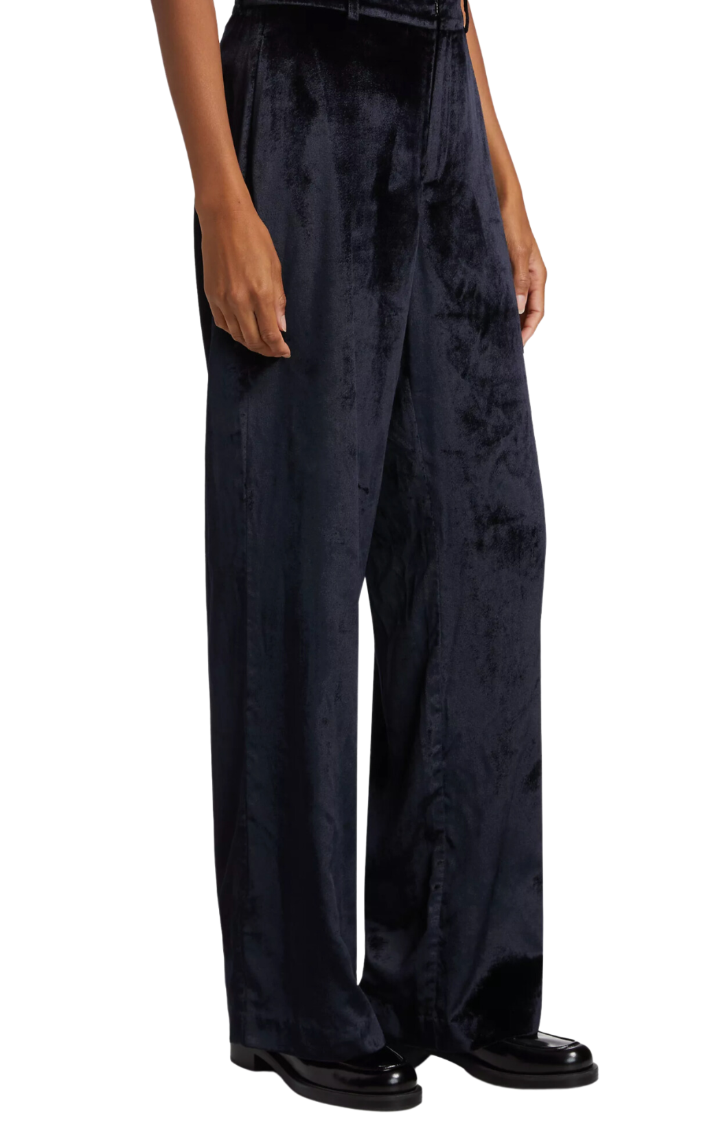 black high shine drapey velvet, this clean front high-rise wide-leg trouser paige chateau pant trouser