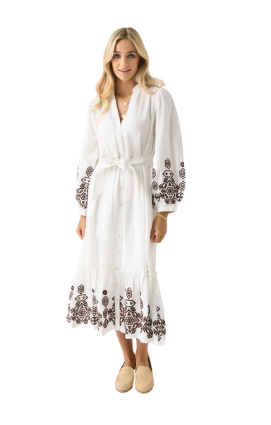 Cleobella Gracie Midi Dress exudes elegance with its full button down front, embroidered brown eyelet trim and self tie belt. Made from soft cotton, this ivory and brown dress is perfect for any occasion