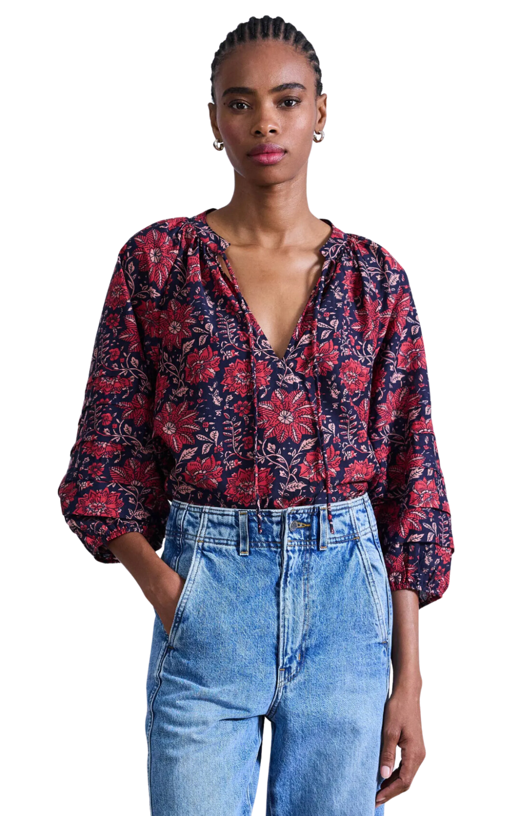 apiece apart floral cotton silk blouse top v-neck tule top purple red blue