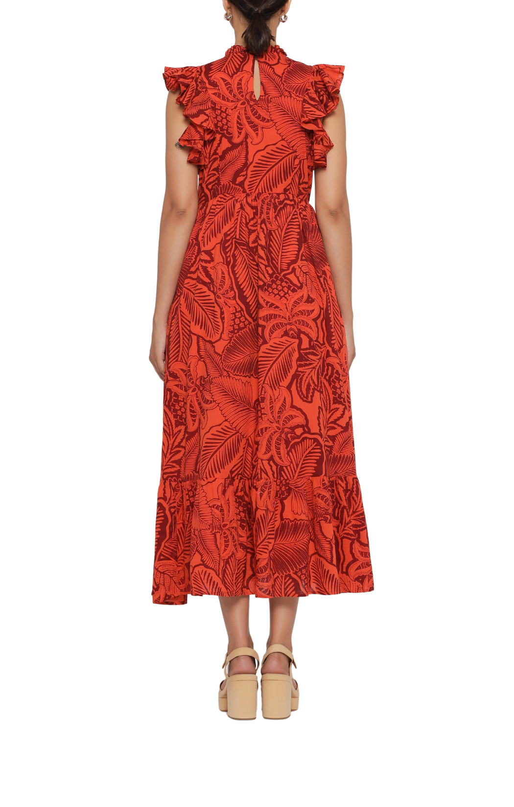 banjanan hannah tropical print leaf print red orange midi ruffle sleeve dress